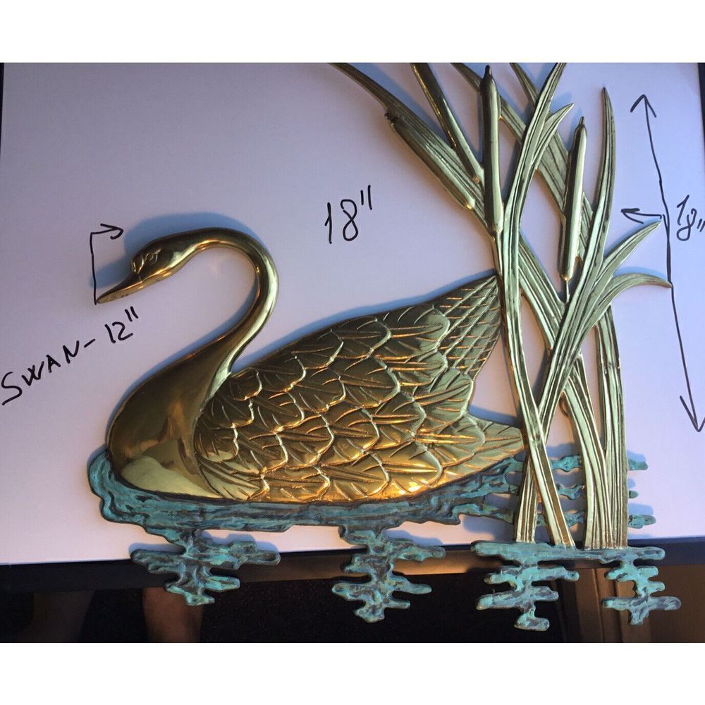 Vtg Brass Wall Handing Swan Large 18” Water Scene Sculpture ArtWildLife